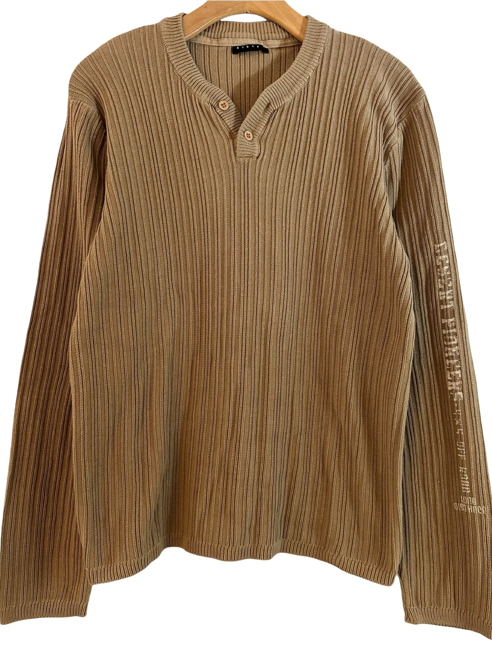Sisley Vintage Men's Size L Tan Camel Cotton Ribbed Crewneck Henley Sweater